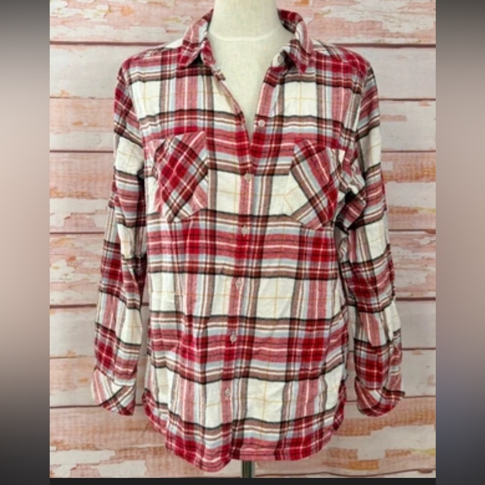 Croft & Barrow Red Ivory Plaid Flannel Shirt Cabincore Gorpcore 1xl